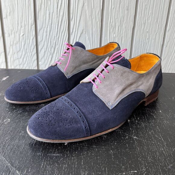 Undandy Other - Undandy Navy Gray Suede Derby Shoes Sz 45/11.5 Pink Laces Yellow Lining